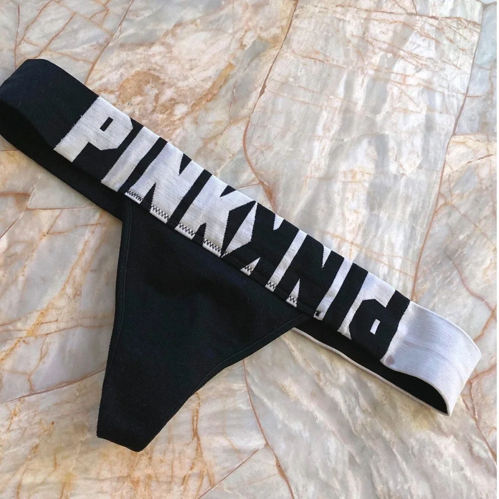 Victorias Secret PINK Extra Low Rise String Thong Black White Logo Print Small